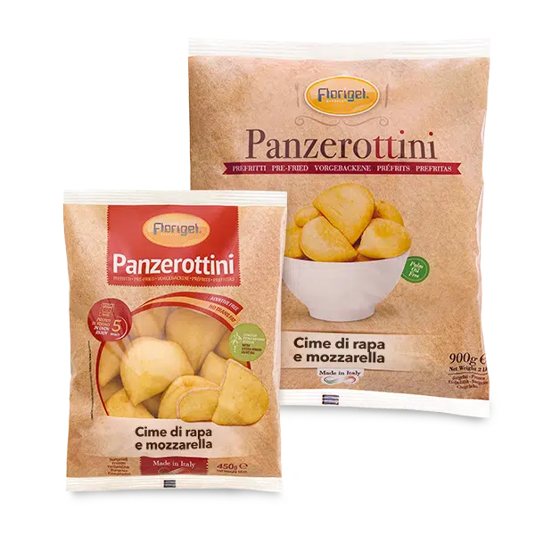 Confezioni 450g e 900g panzerottini surgelati prefritti ripieni di cime di rapa e mozzarella Florigel