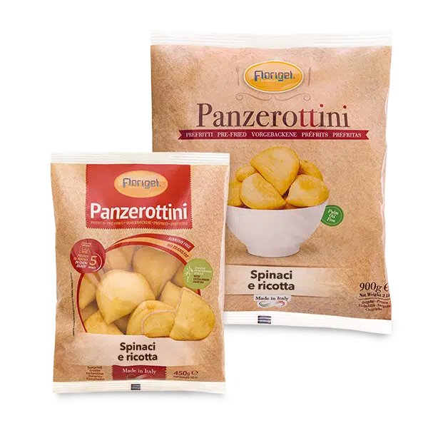 Confezioni 450g e 900g panzerottini surgelati prefritti ripieni di spinaci e ricotta Florigel