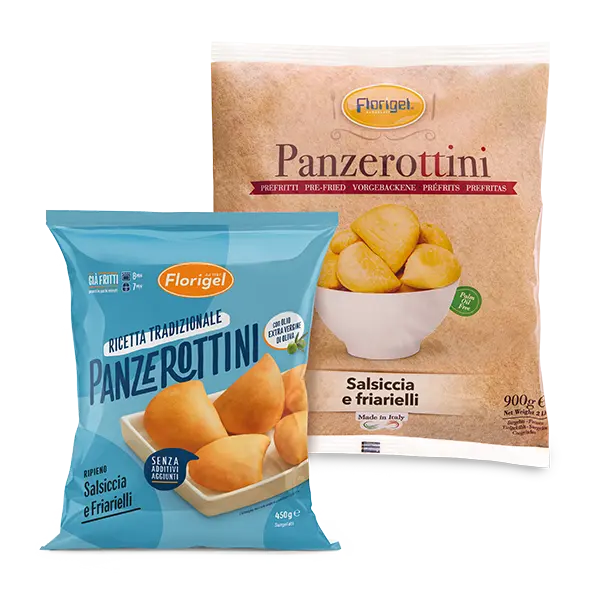 Confezioni 450g e 900g panzerottini surgelati prefritti ripieni di salsiccia e friarielli Florigel