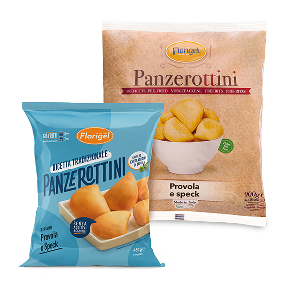 Confezioni 450g e 900g panzerottini surgelati prefritti ripieni di Provola e Speck Florigel