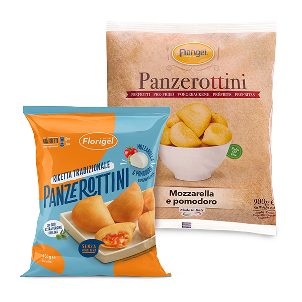 Confezioni 450g e 900g panzerottini surgelati prefritti ripieni di mozzarella e pomodoro Florigel