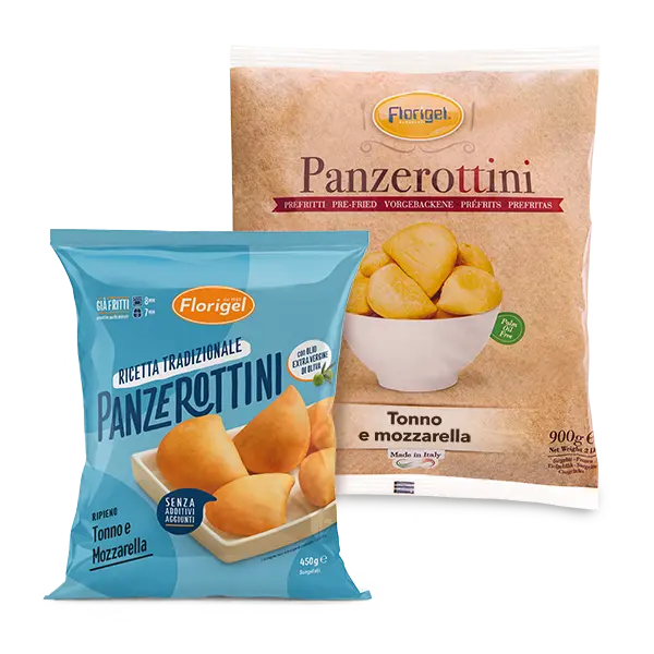 Confezioni 450g e 900g panzerottini surgelati prefritti ripieni Tonno e Mozzarella Florigel